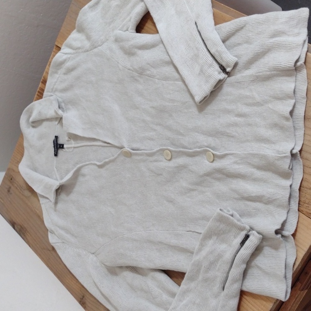 Eileen Fisher Light Gray Double Knit Button Front Cardigan Wrist Zippers Size M